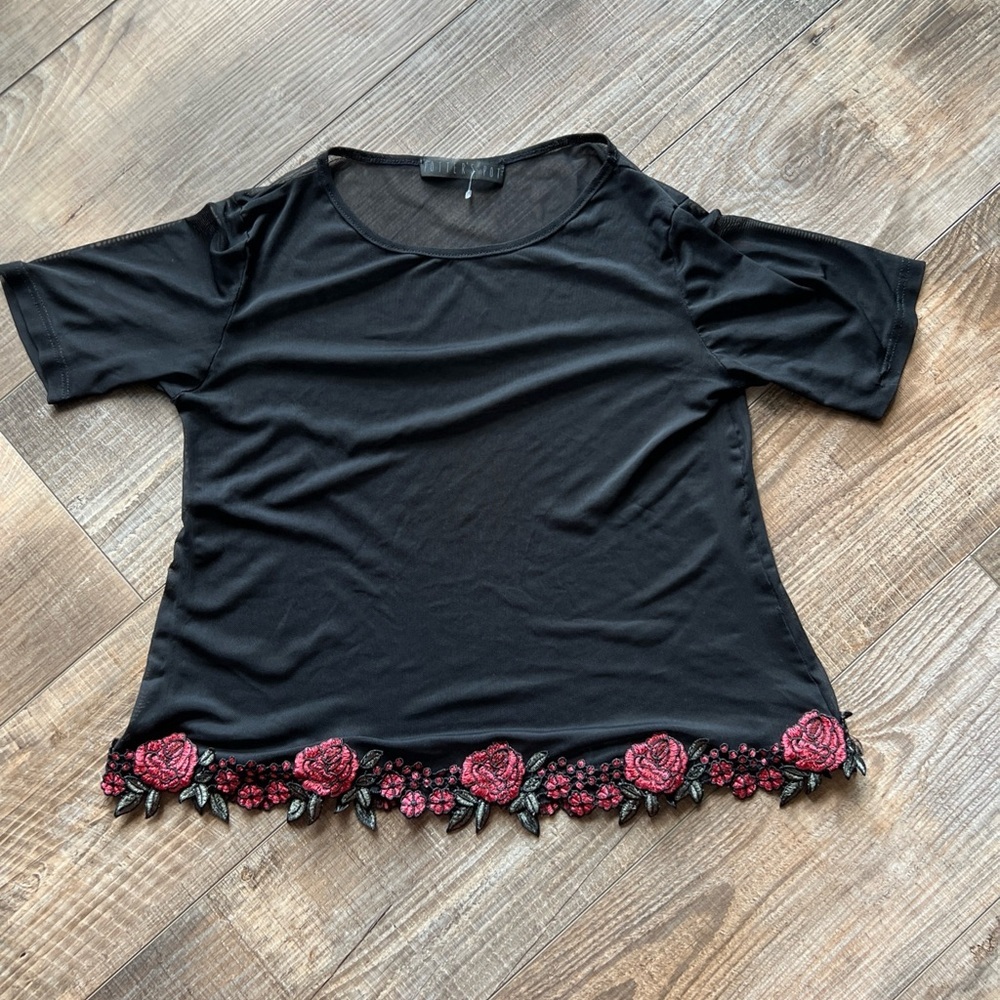Black Floral Embroidered Women's Top